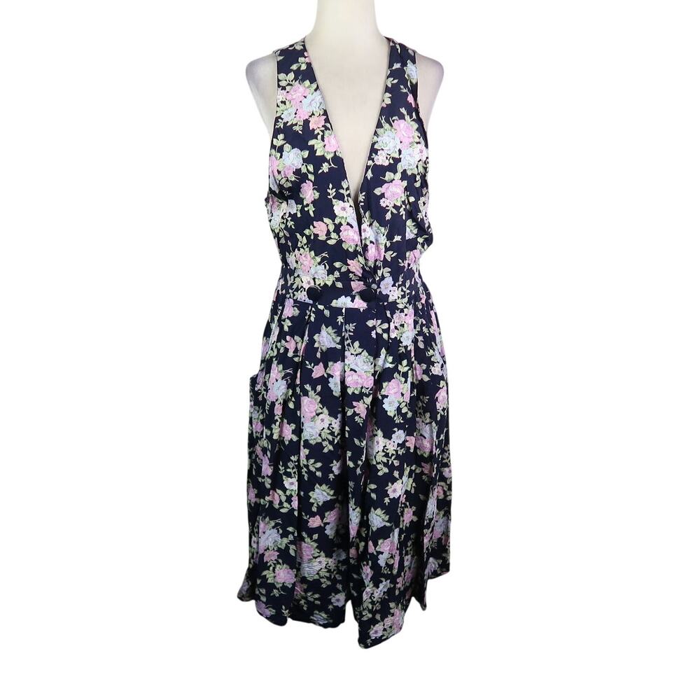 Vintage 80s R.J. Stevens Navy Blue and Pink Floral Culotte Romper Jumpsuit
